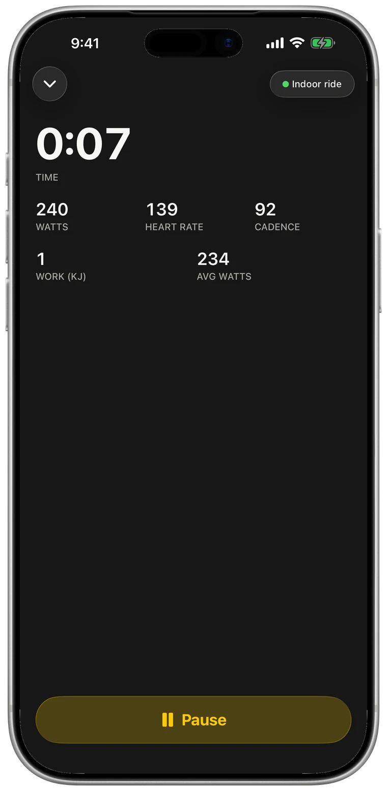 Herzfrequenz, Leistung und Trittfrequenz von Bluetooth-Sensoren, als Diagramm nach deinem Training.